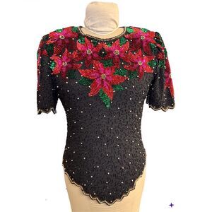 Laurence Kazar Vintage Womens Large Beaded Sequin Poinsettia Holiday Party